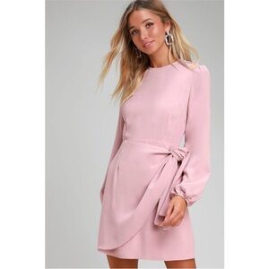 Lulus Believe It or Knot Rose Pink Long Sleeve Tie-Front Skater Dress